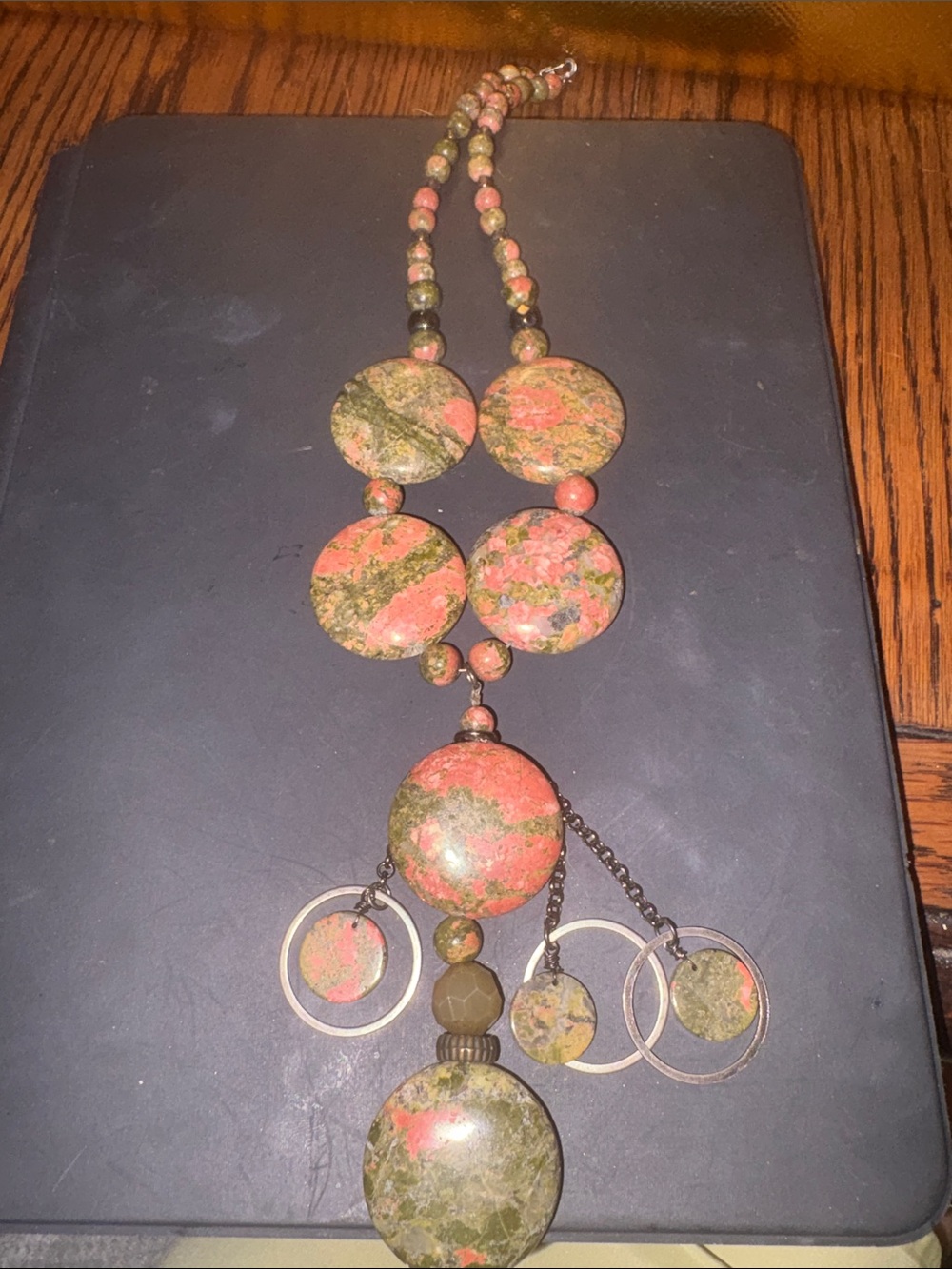 Handmade ALL Genuine Green & Pink Agate Stone beads & Pendant w/dangles Necklace